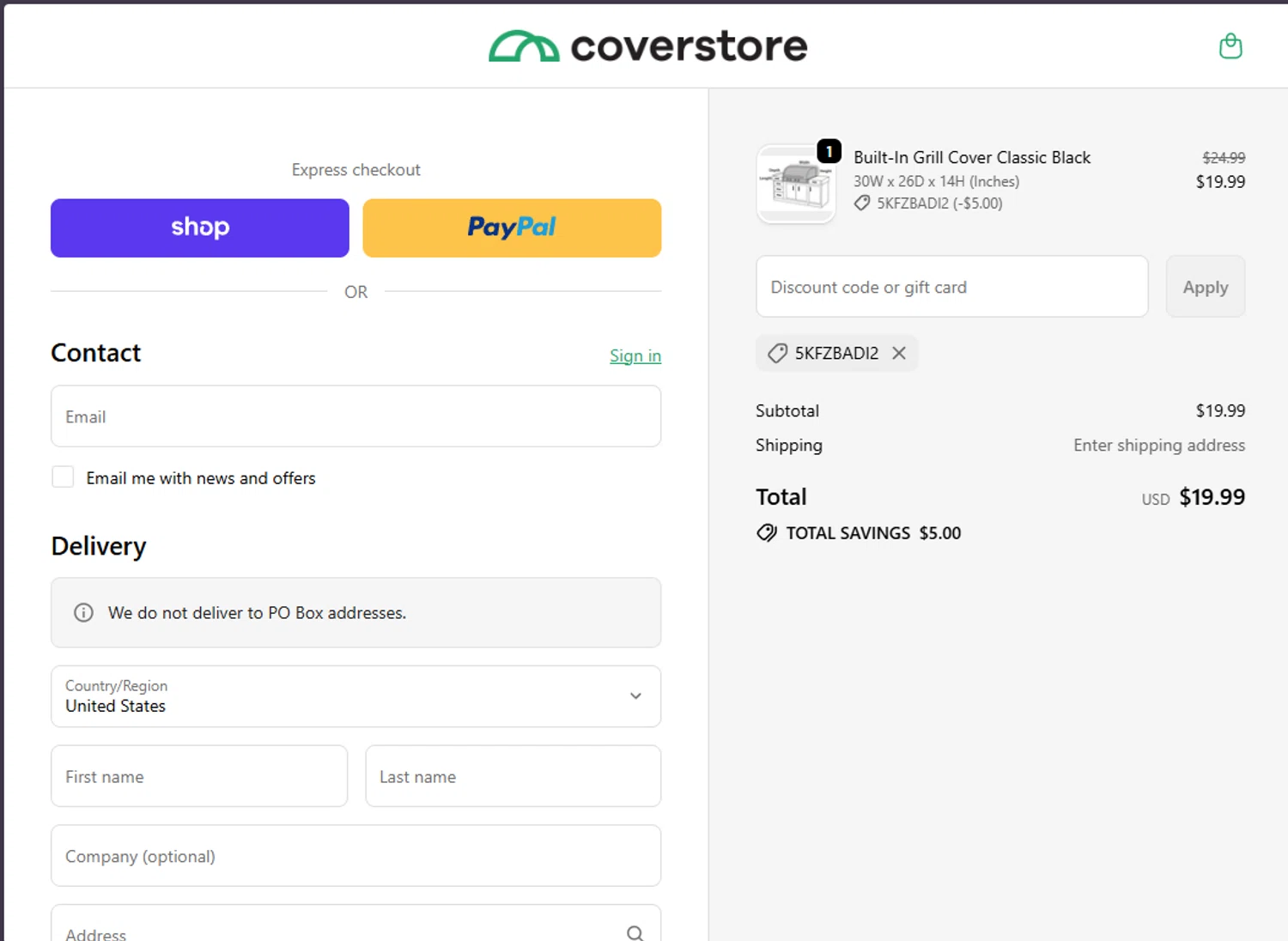Coverstore checkout page showing Coverstore coupon code box | Screenshot taken by SimplyCodes community member on Dec 26, 2025