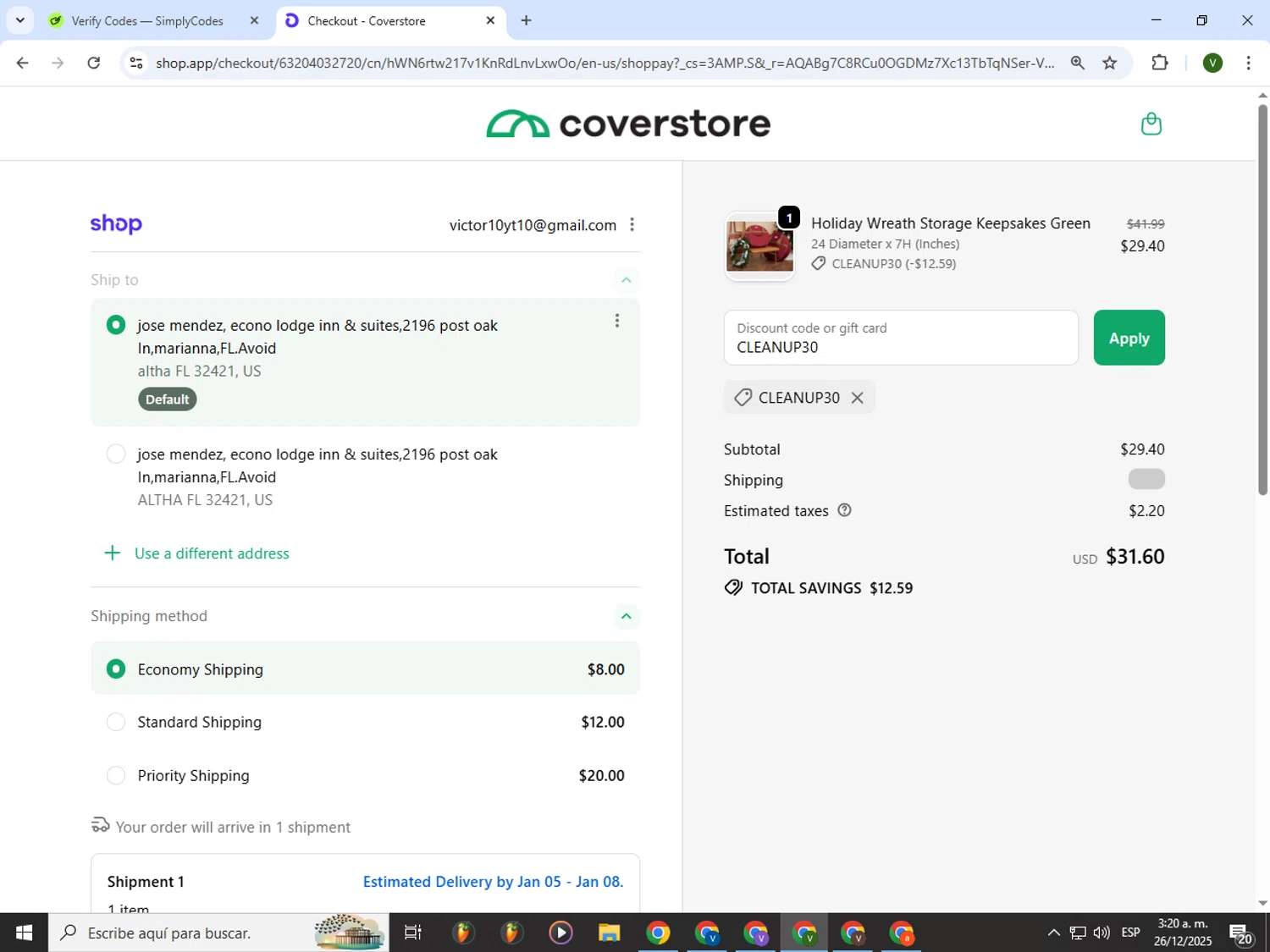 Coverstore coupon code screenshot showing code CLEANUP30 applied at Coverstore checkout page. Uploaded by SimplyCodes community member PrimeWizard4168 on Dec 26, 2025