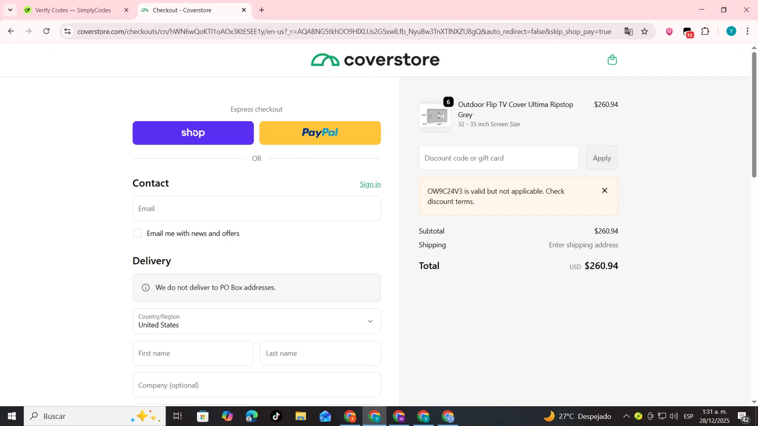 Coverstore coupon code screenshot showing code OW9C24V3 applied at Coverstore checkout page. Uploaded by SimplyCodes community member codygakpo on Dec 28, 2025