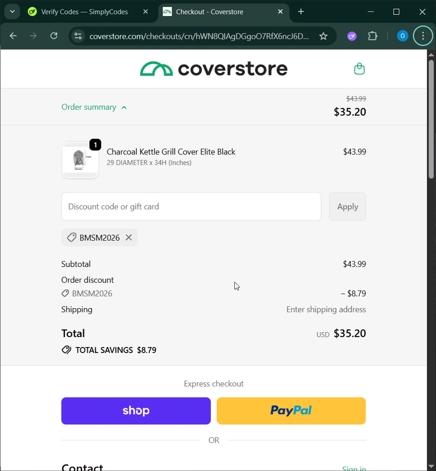 Coverstore checkout page showing Coverstore coupon code box | Screenshot taken by SimplyCodes community member on Feb 5, 2026