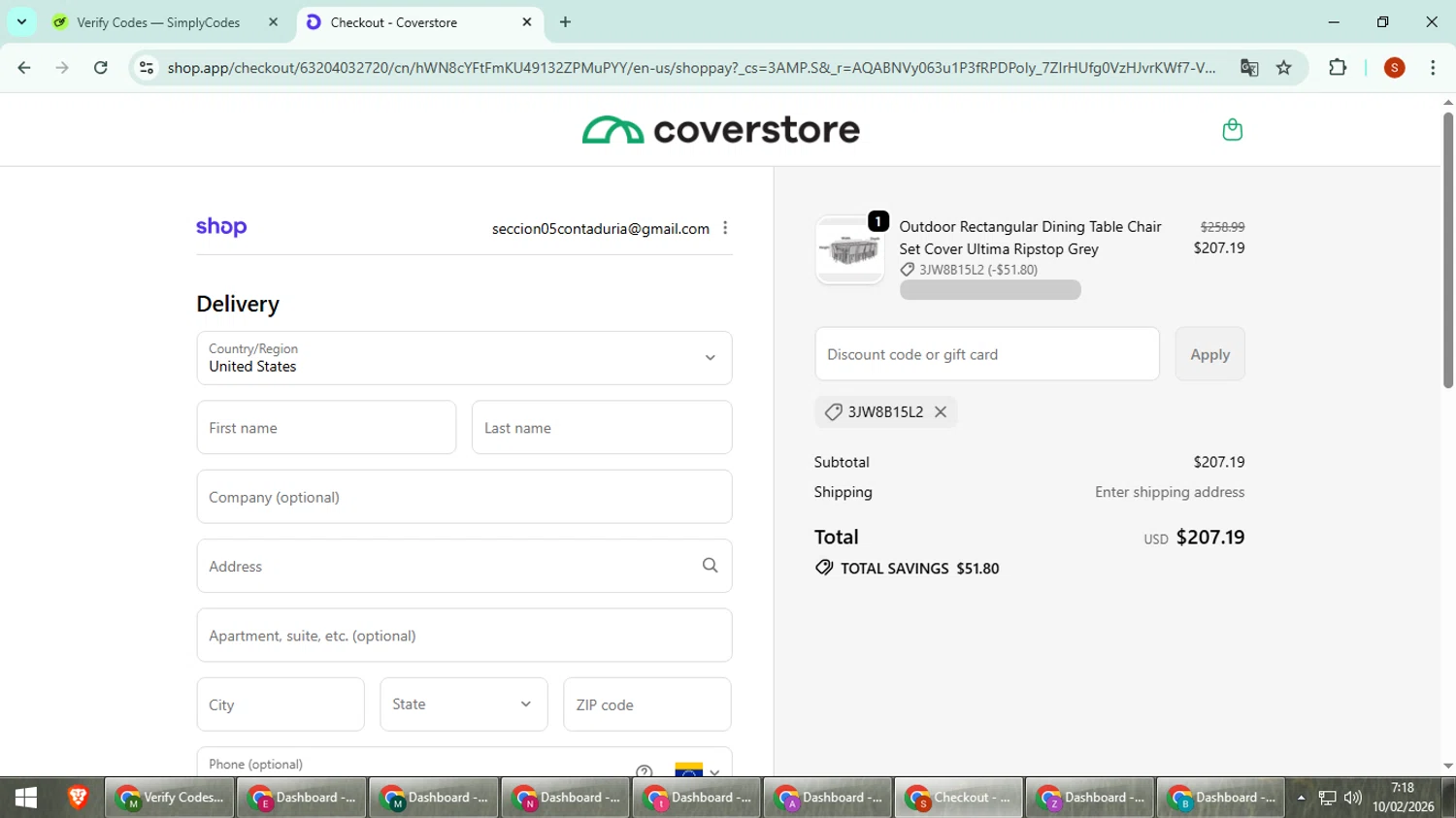 Coverstore checkout page showing Coverstore coupon code box | Screenshot taken by SimplyCodes community member on Feb 10, 2026