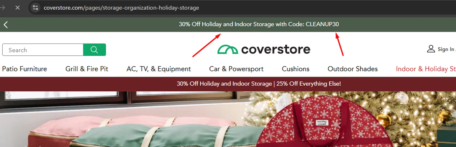 Coverstore coupon code screenshot showing code CLEANUP30 applied at Coverstore checkout page. Uploaded by SimplyCodes community member argenygalvez on Dec 26, 2025