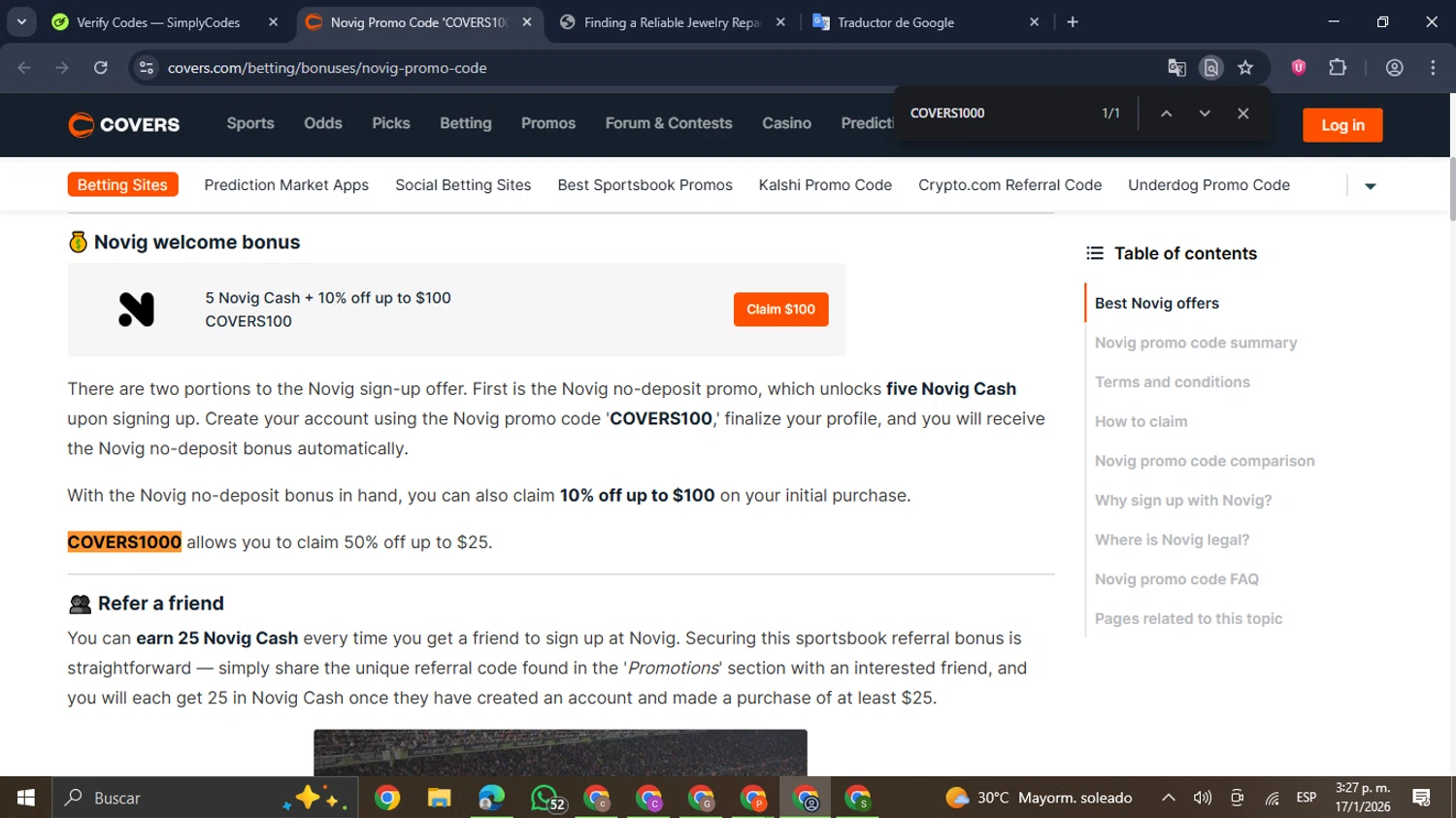 Covers promo code screenshot showing code COVERS1000 applied at Covers checkout page. Uploaded by SimplyCodes community member GloriousDefender7889 on Jan 17, 2026