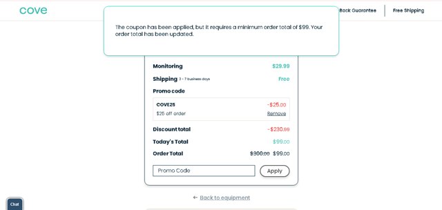 Cove Security checkout page showing Cove Security promo code box | Screenshot taken by SimplyCodes community member on Jul 18, 2025