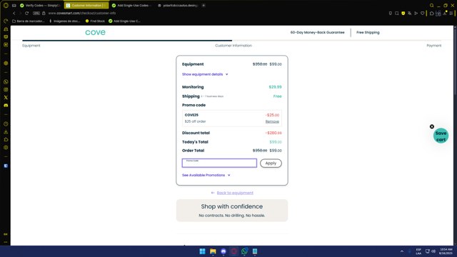 Cove Security checkout page showing Cove Security promo code box | Screenshot taken by SimplyCodes community member on Aug 16, 2025