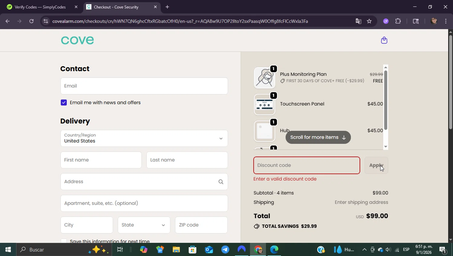 Cove Smart promo code screenshot showing code SOLARCAMERA4FREE applied at Cove Smart checkout page. Uploaded by SimplyCodes community member ShieldEagle9436 on Jan 9, 2026