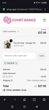 Allie10 coupon verification screenshot