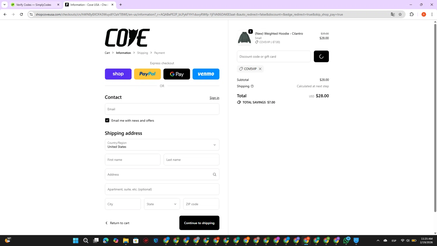Cove USA checkout page showing Cove USA discount code box | Screenshot taken by SimplyCodes community member on Feb 19, 2026