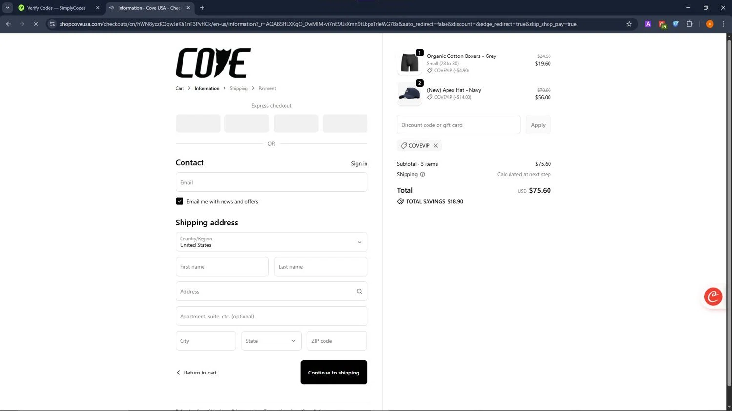 Cove USA checkout page showing Cove USA discount code box | Screenshot taken by SimplyCodes community member on Feb 19, 2026