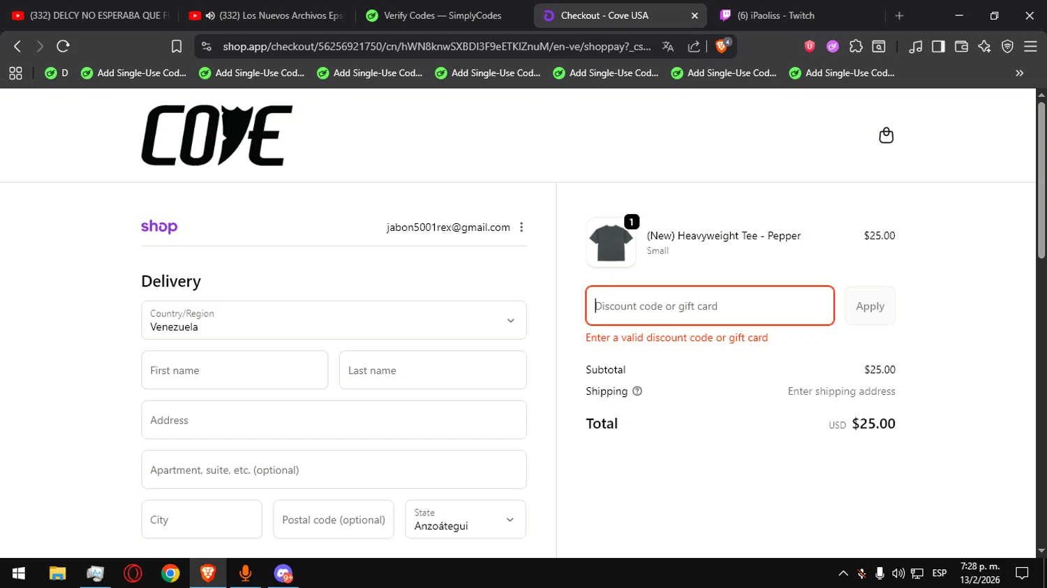 Cove USA discount code screenshot showing code COVEVIP applied at Cove USA checkout page. Uploaded by SimplyCodes community member Ultrapapu on Feb 13, 2026