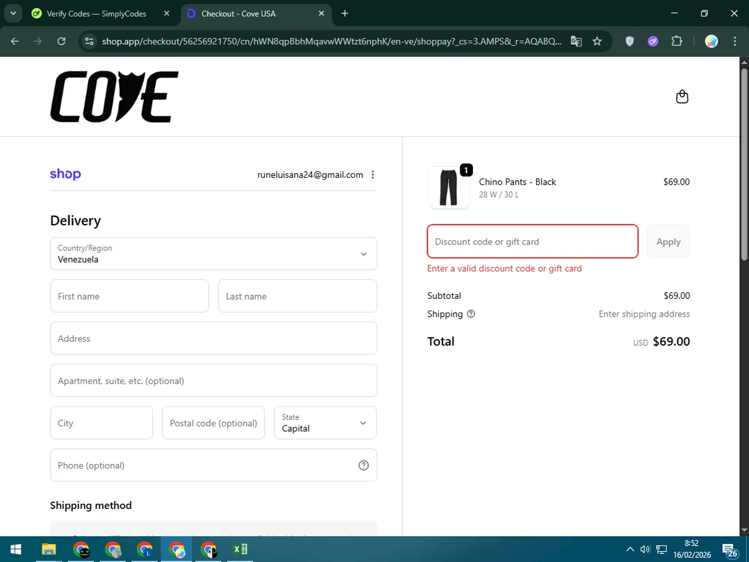 Cove USA discount code screenshot showing code FAMILY applied at Cove USA checkout page. Uploaded by SimplyCodes community member Estrellitacoairis on Feb 16, 2026