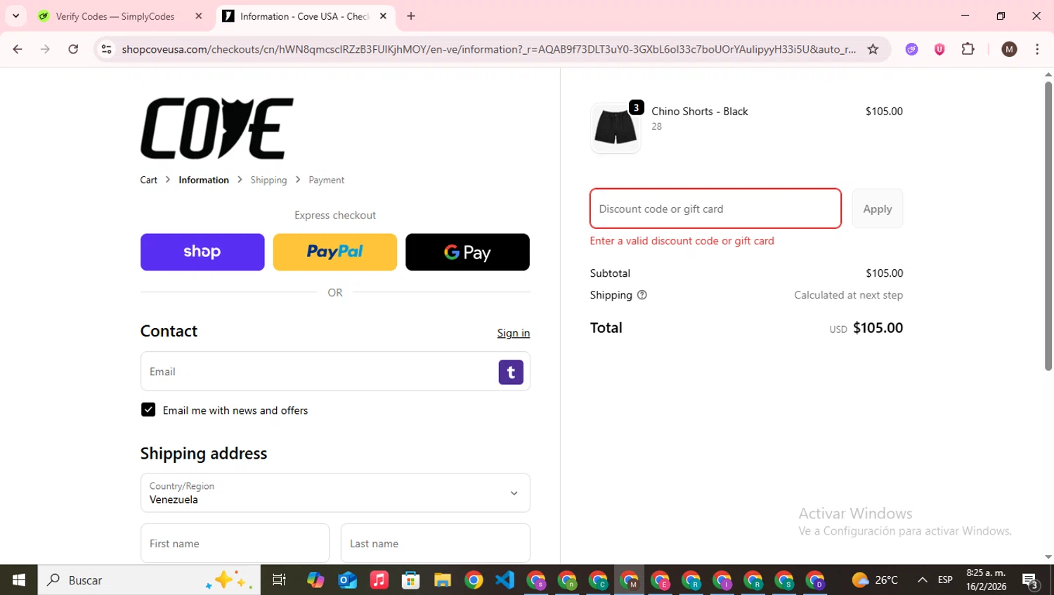 Cove USA discount code screenshot showing code FAMILY applied at Cove USA checkout page. Uploaded by SimplyCodes community member WonderWizard9060 on Feb 16, 2026