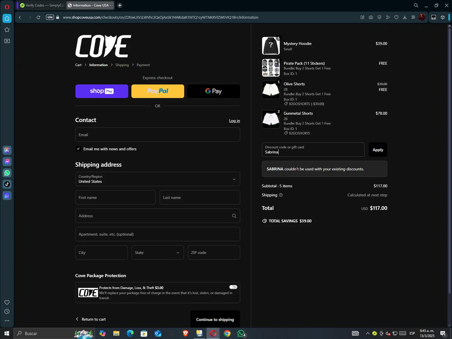 Cove USA discount code screenshot showing code Sabrina applied at Cove USA checkout page. Uploaded by SimplyCodes community member hollowknight on Mar 13, 2025