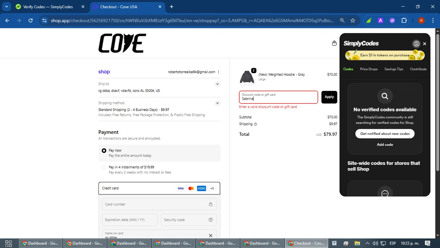 Cove USA discount code screenshot showing code Sabrina applied at Cove USA checkout page. Uploaded by SimplyCodes community member robertotorrealba on Feb 18, 2026