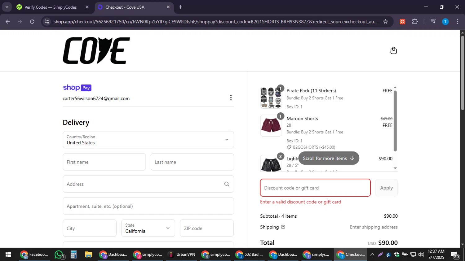 Cove USA discount code screenshot showing code MISSYOU applied at Cove USA checkout page. Uploaded by SimplyCodes community member LuckyPioneer4530 on Jul 7, 2025