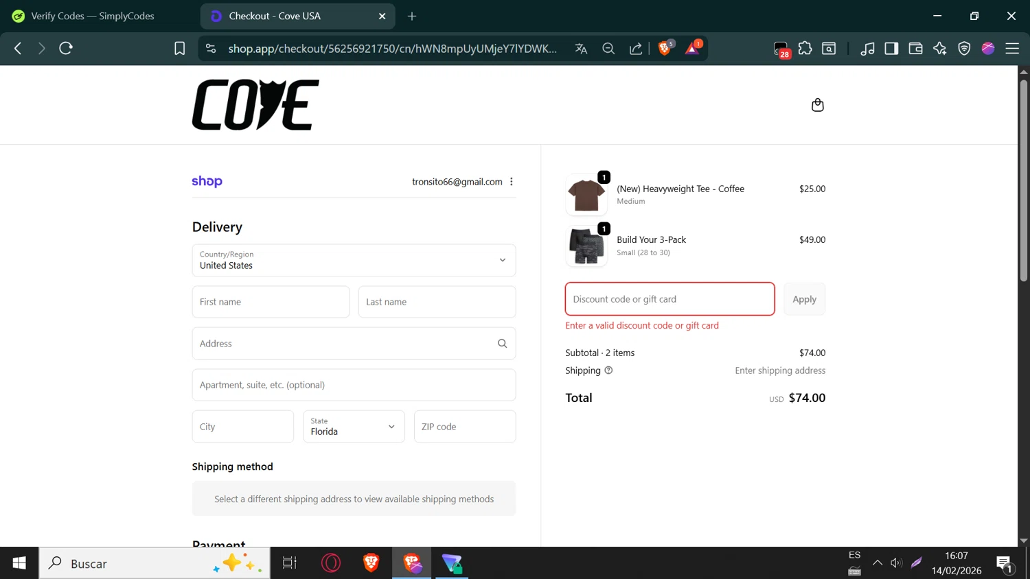 Cove USA discount code screenshot showing code MISSYOU applied at Cove USA checkout page. Uploaded by SimplyCodes community member ValueSaver6763 on Feb 14, 2026