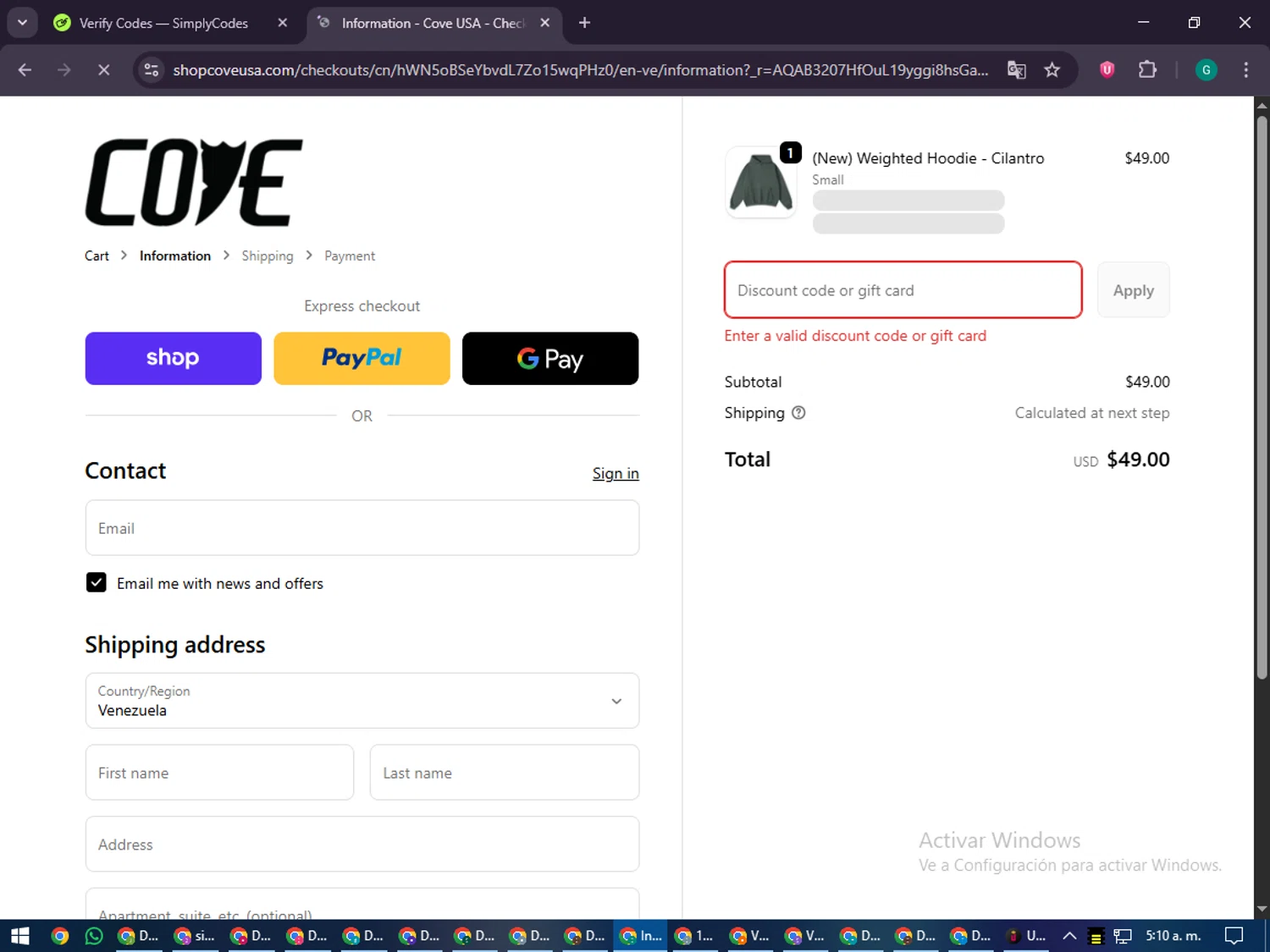 Cove USA discount code screenshot showing code L128F15 applied at Cove USA checkout page. Uploaded by SimplyCodes community member PennyFinder5759 on Nov 28, 2025