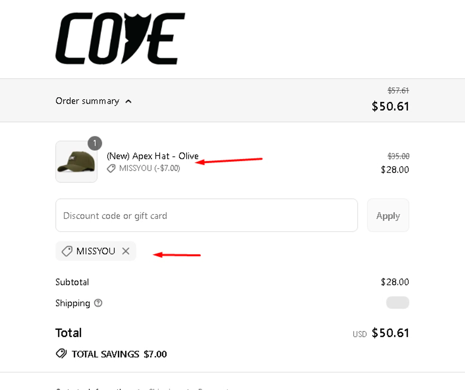 Cove USA discount code screenshot showing code MISSYOU applied at Cove USA checkout page. Uploaded by SimplyCodes community member AMANDA2681 on Jul 11, 2025