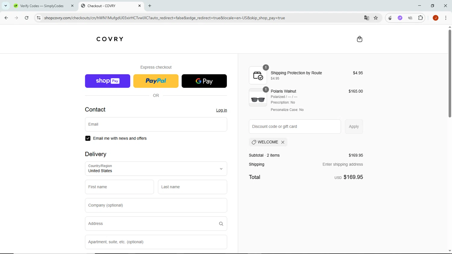 Covry discount code screenshot showing code welcome applied at Covry checkout page. Uploaded by SimplyCodes community member NobleMaven802 on Aug 3, 2025