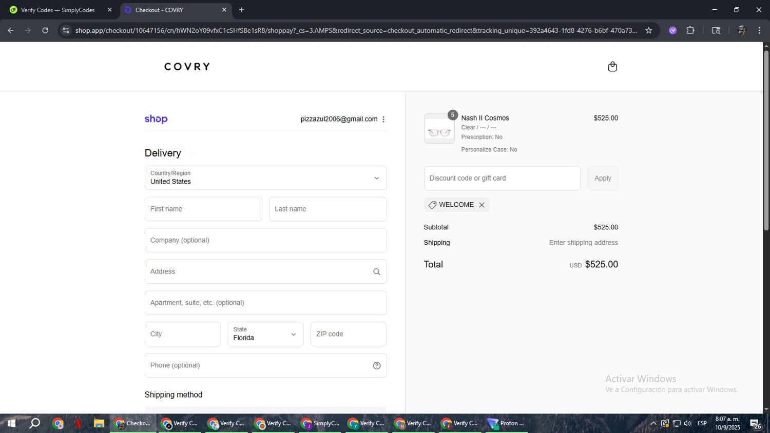 Covry discount code screenshot showing code welcome applied at Covry checkout page. Uploaded by SimplyCodes community member xxdddd on Sep 10, 2025