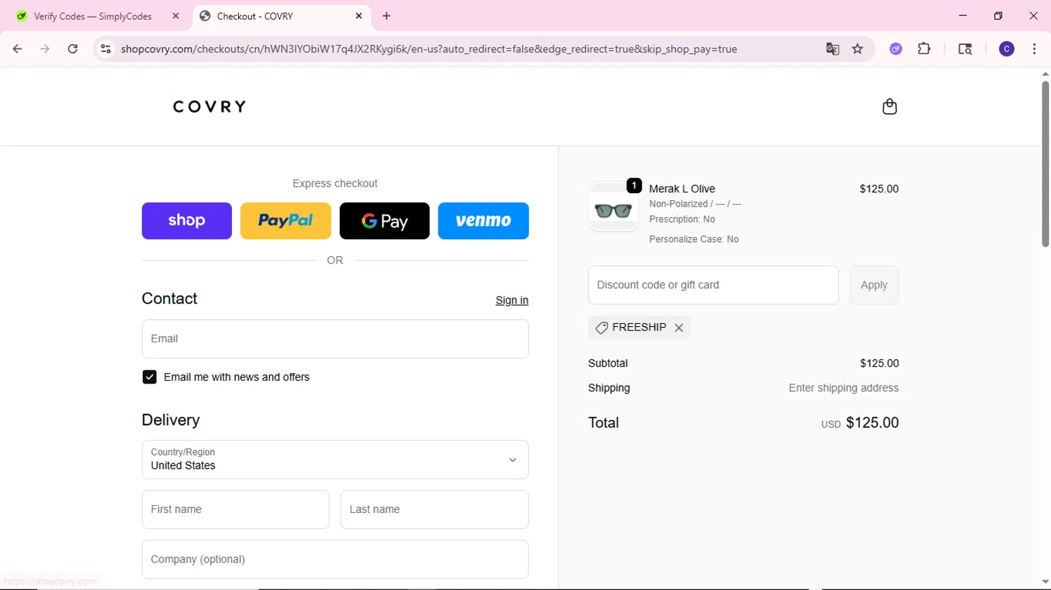 Covry discount code screenshot showing code FREESHIP applied at Covry checkout page. Uploaded by SimplyCodes community member MoneyWizard2699 on Sep 23, 2025