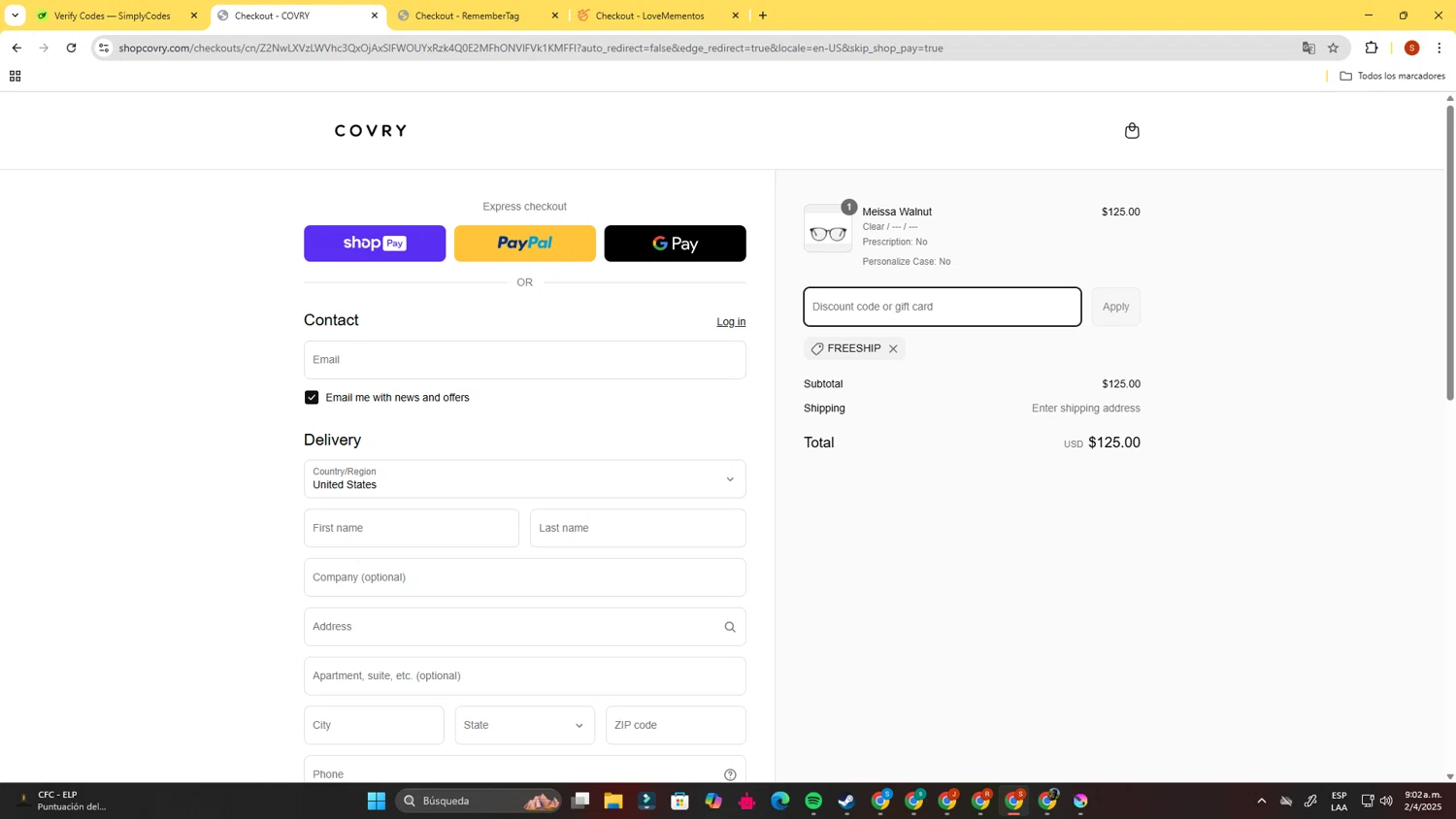 Covry discount code screenshot showing code FREESHIP applied at Covry checkout page. Uploaded by SimplyCodes community member LegendaryBoss2307 on Apr 2, 2025