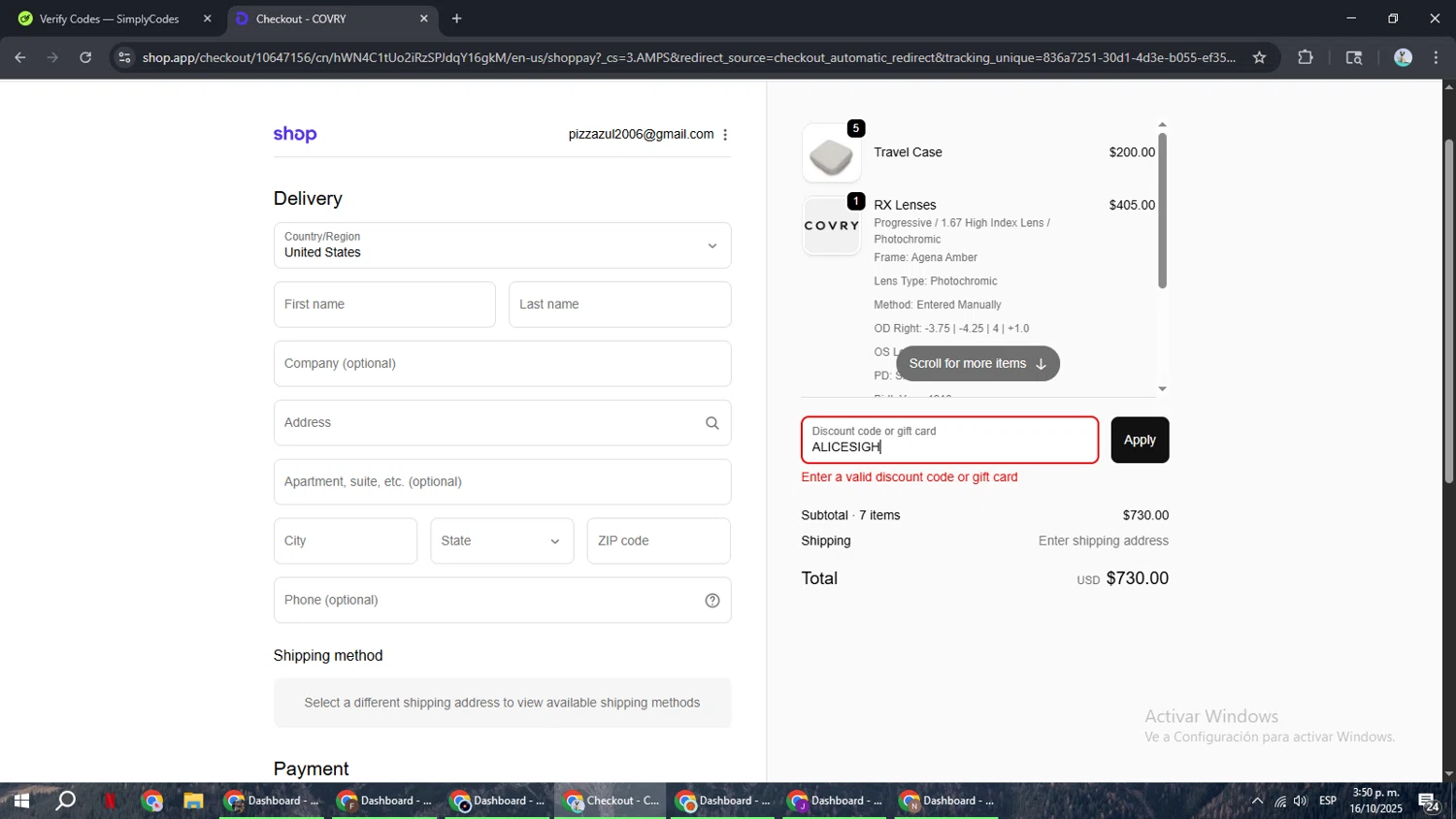 Covry discount code screenshot showing code ALICESIGH applied at Covry checkout page. Uploaded by SimplyCodes community member ShrewdSeeker6165 on Oct 16, 2025