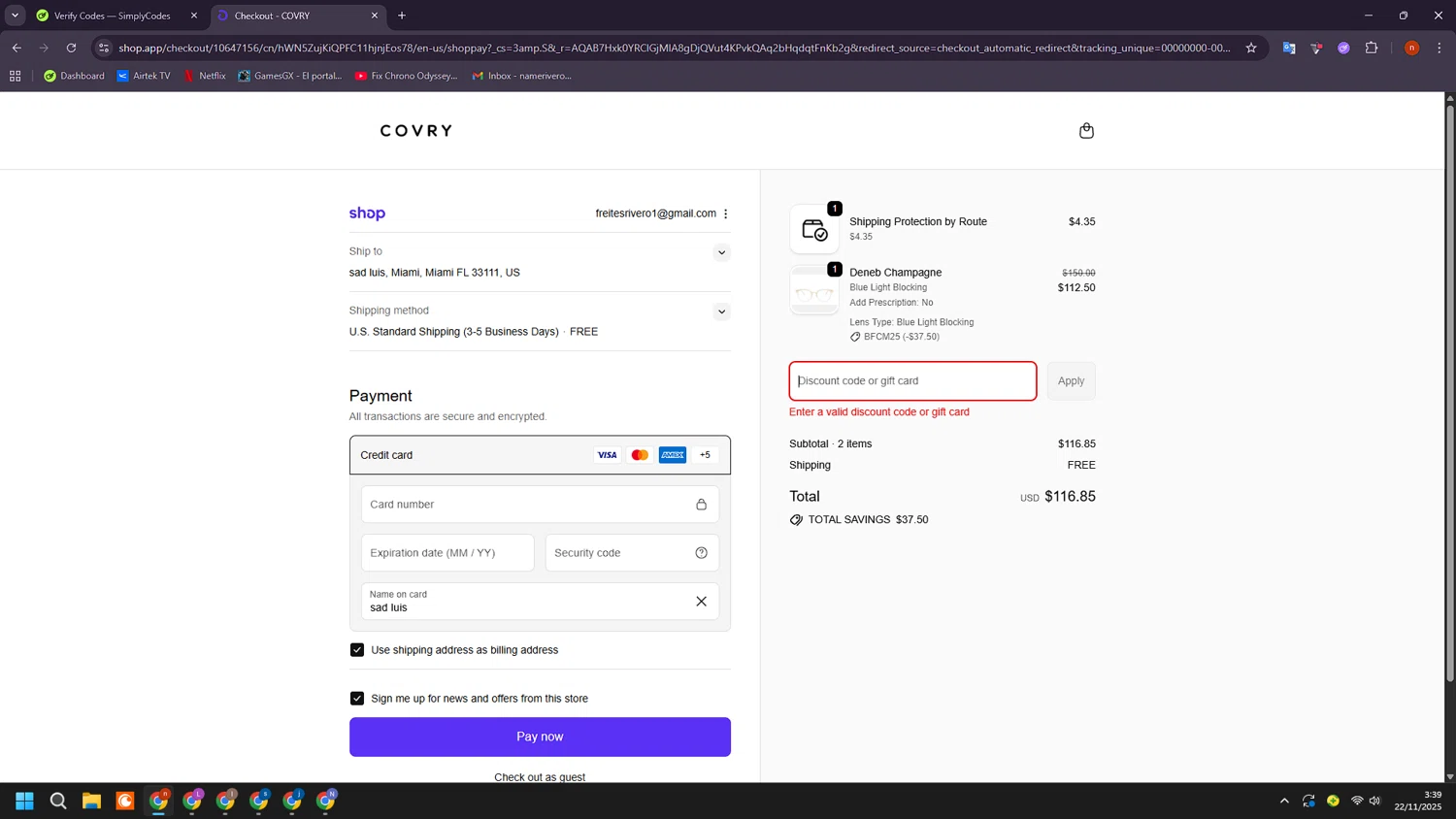 Covry discount code screenshot showing code VIP applied at Covry checkout page. Uploaded by SimplyCodes community member BudgetShopper182 on Nov 22, 2025