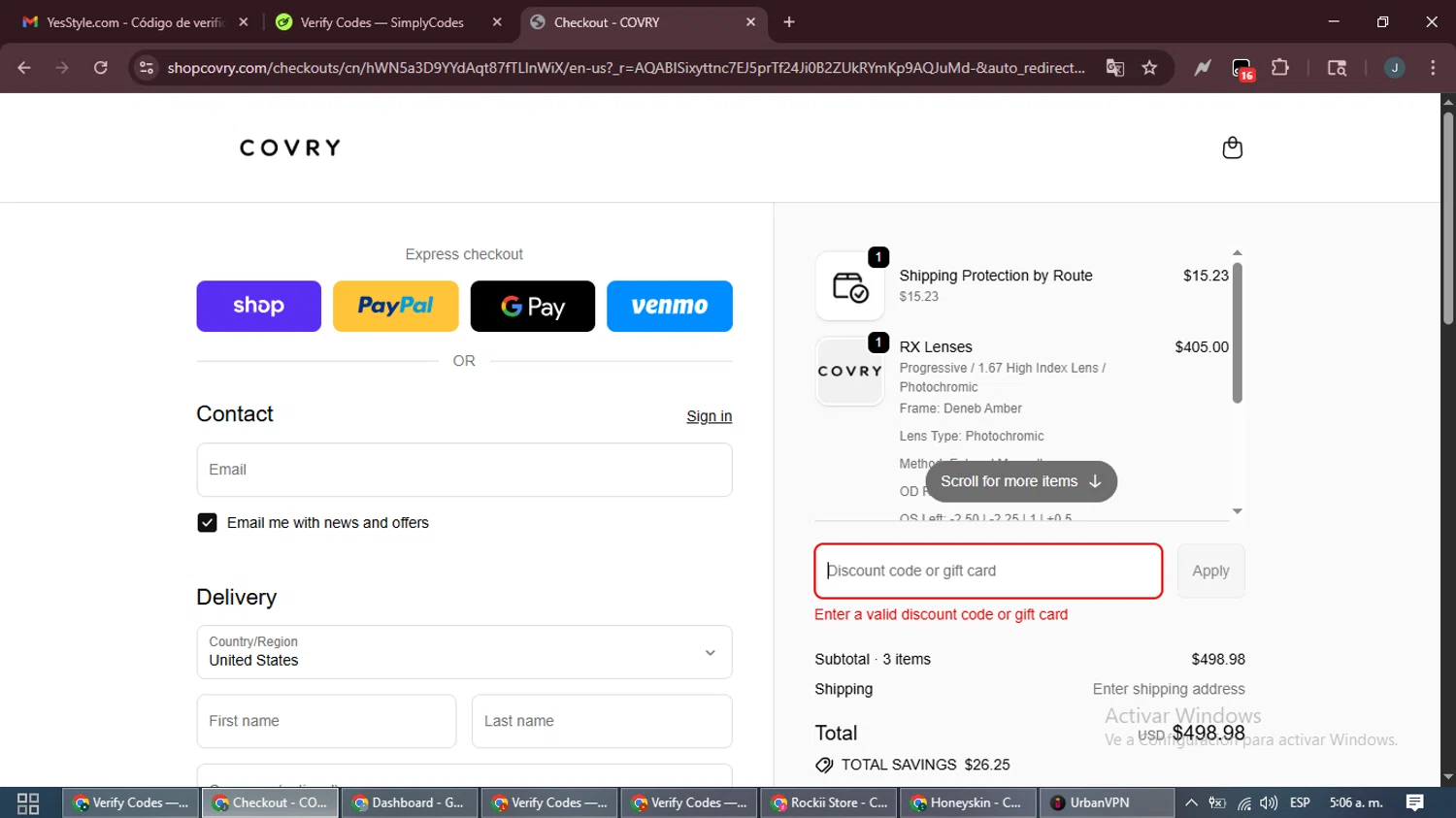 Covry discount code screenshot showing code VIP applied at Covry checkout page. Uploaded by SimplyCodes community member ScanLynx8928 on Nov 22, 2025
