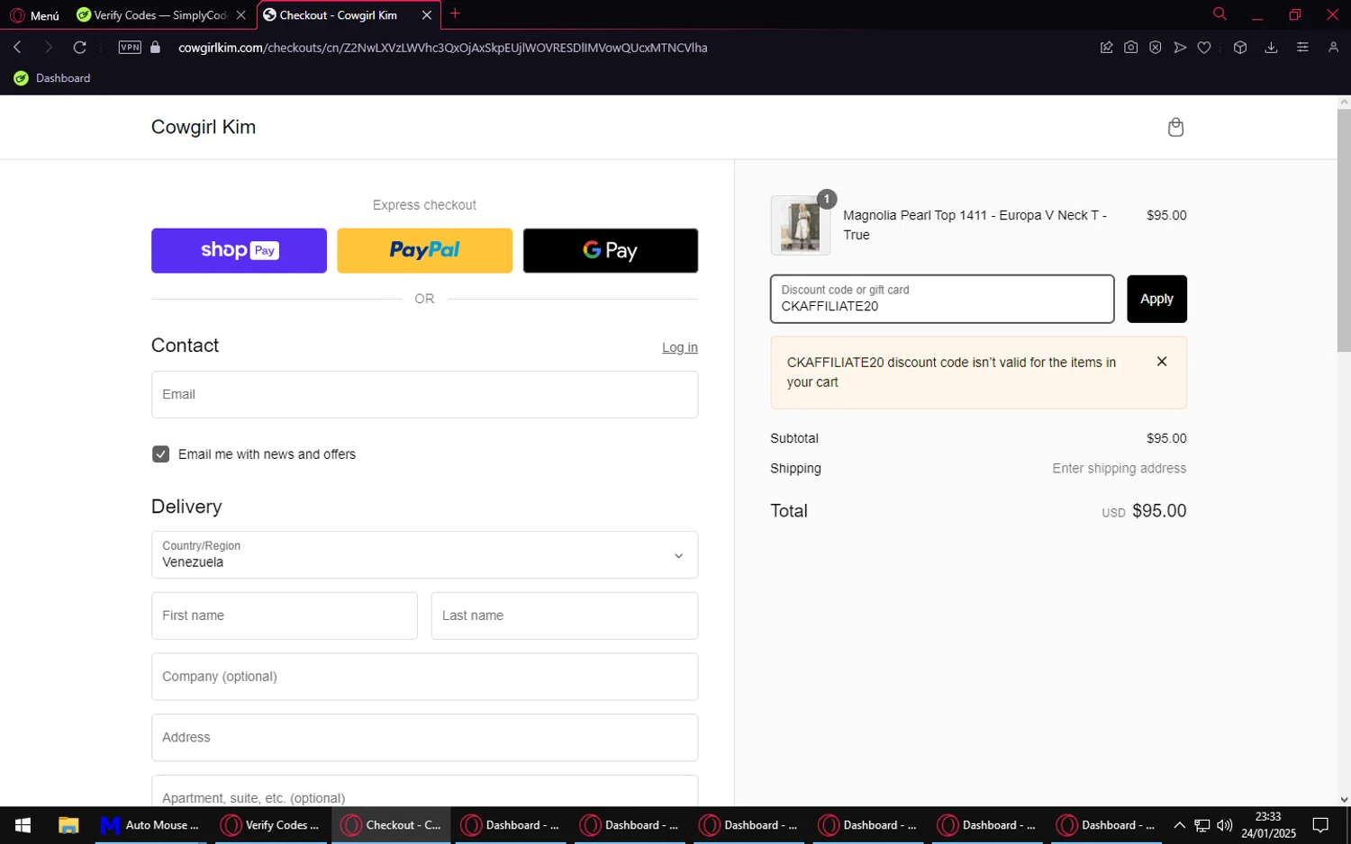 Cowgirl Kim coupon code screenshot showing code CKAFFILIATE20 applied at Cowgirl Kim checkout page. Uploaded by SimplyCodes community member Purureche_en_banda on Jan 25, 2025