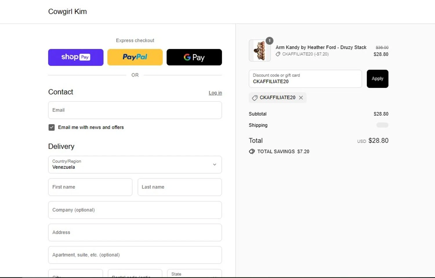 Cowgirl Kim coupon code screenshot showing code CKAFFILIATE20 applied at Cowgirl Kim checkout page. Uploaded by SimplyCodes community member TOTONEROFLOW on Jul 27, 2025