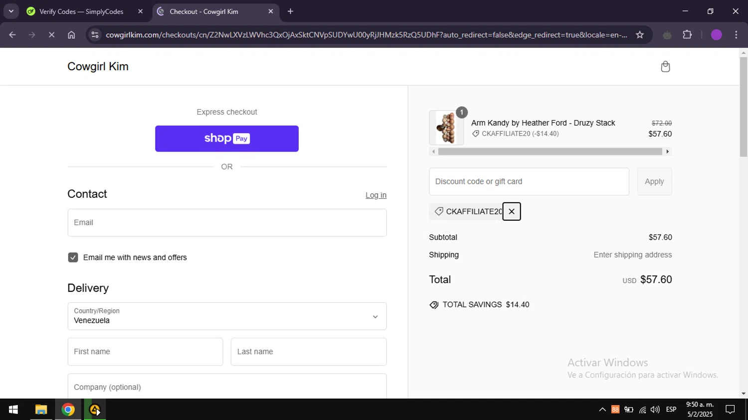 Cowgirl Kim coupon code screenshot showing code CKAFFILIATE20 applied at Cowgirl Kim checkout page. Uploaded by SimplyCodes community member explorerr_exe on Feb 5, 2025