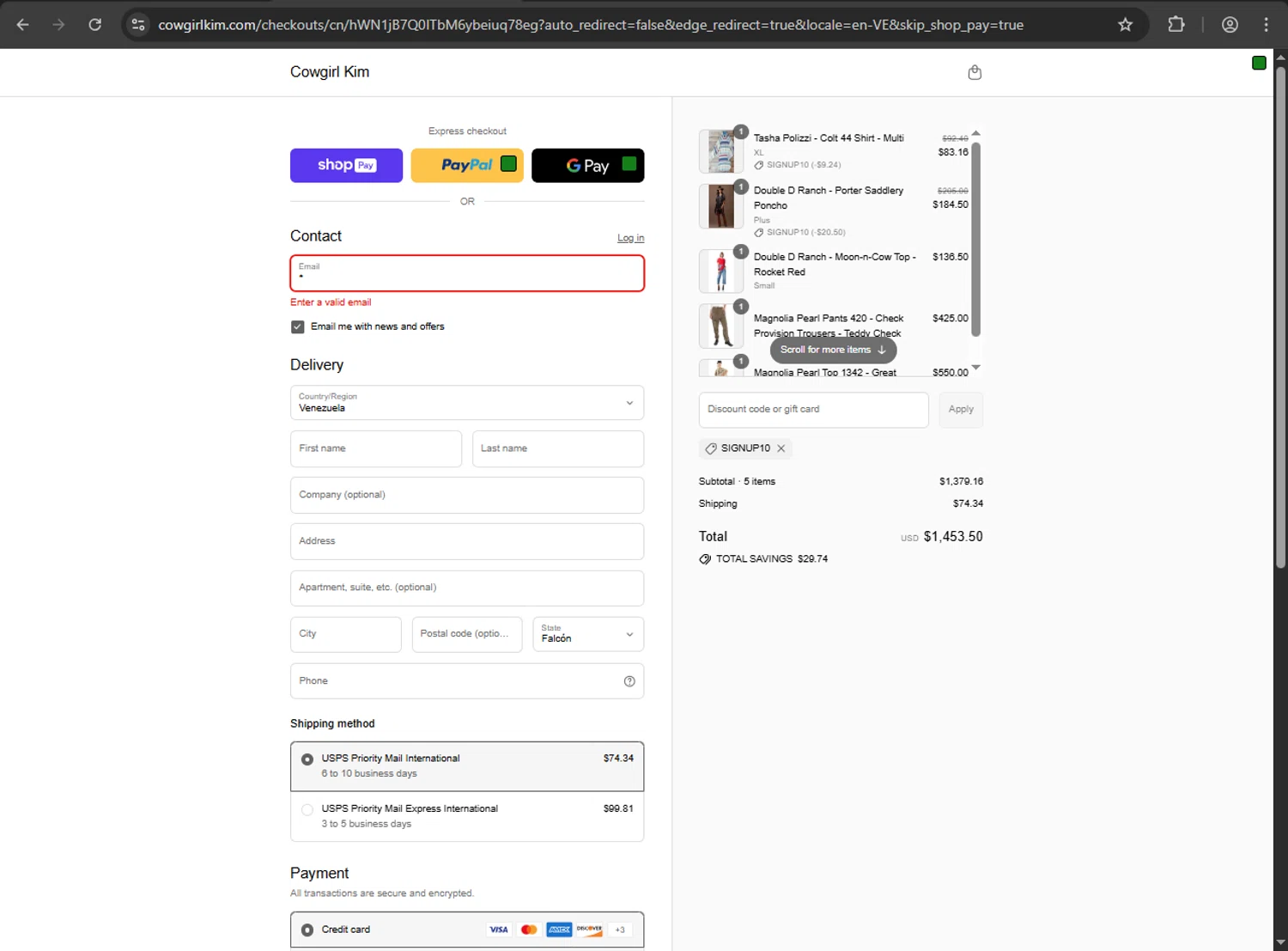 Cowgirl Kim coupon code screenshot showing code SIGNUP10 applied at Cowgirl Kim checkout page. Uploaded by SimplyCodes community member luffyflaco on Aug 12, 2025