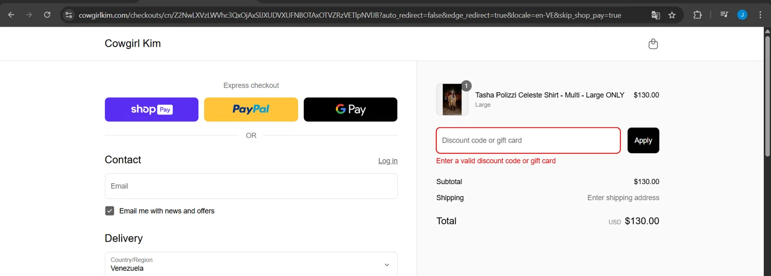 Cowgirl Kim coupon code screenshot showing code LUCK applied at Cowgirl Kim checkout page. Uploaded by SimplyCodes community member Jeanjc on Apr 15, 2025