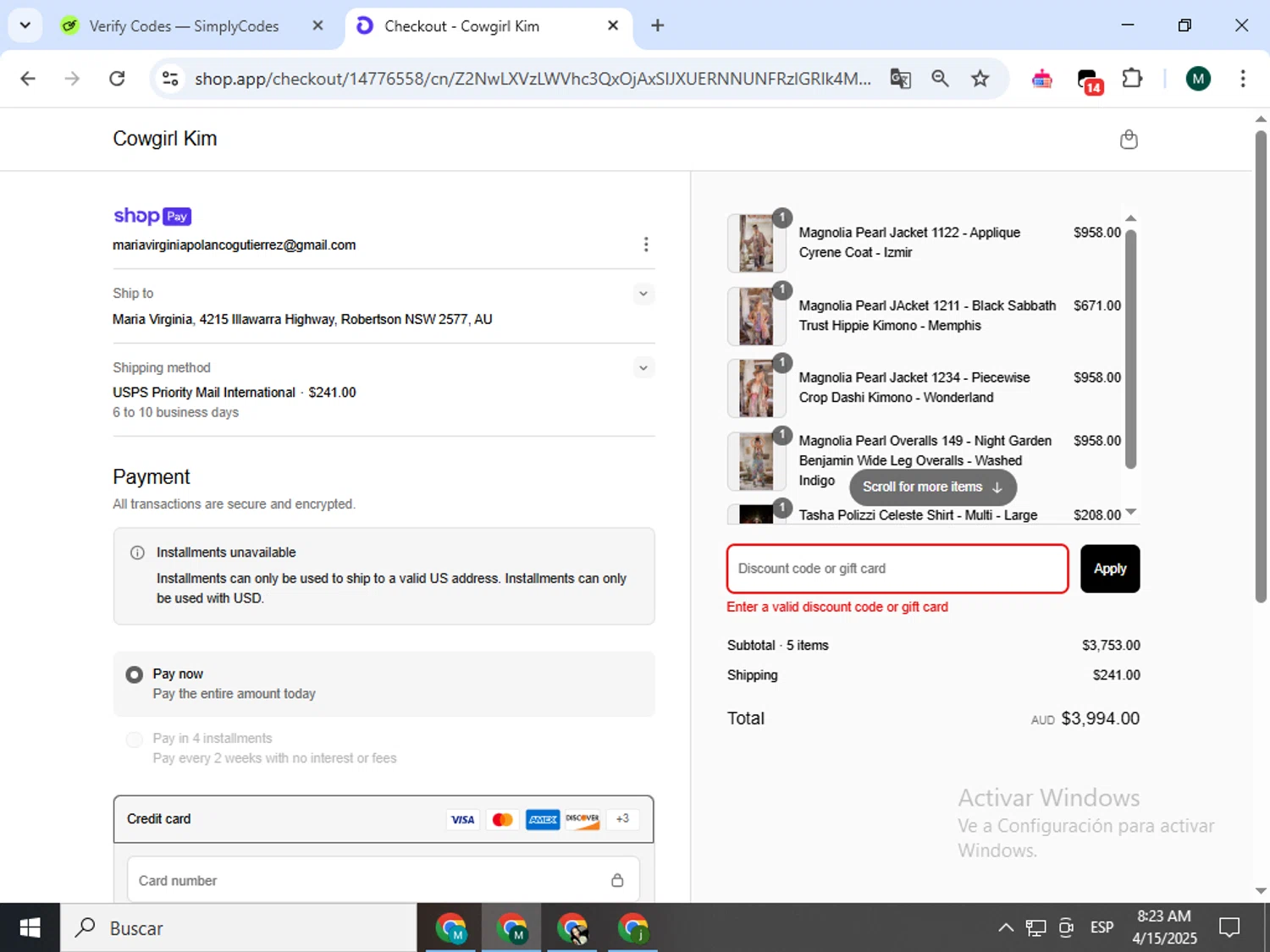 Cowgirl Kim coupon code screenshot showing code LUCK applied at Cowgirl Kim checkout page. Uploaded by SimplyCodes community member Jorgeluisvera on Apr 15, 2025