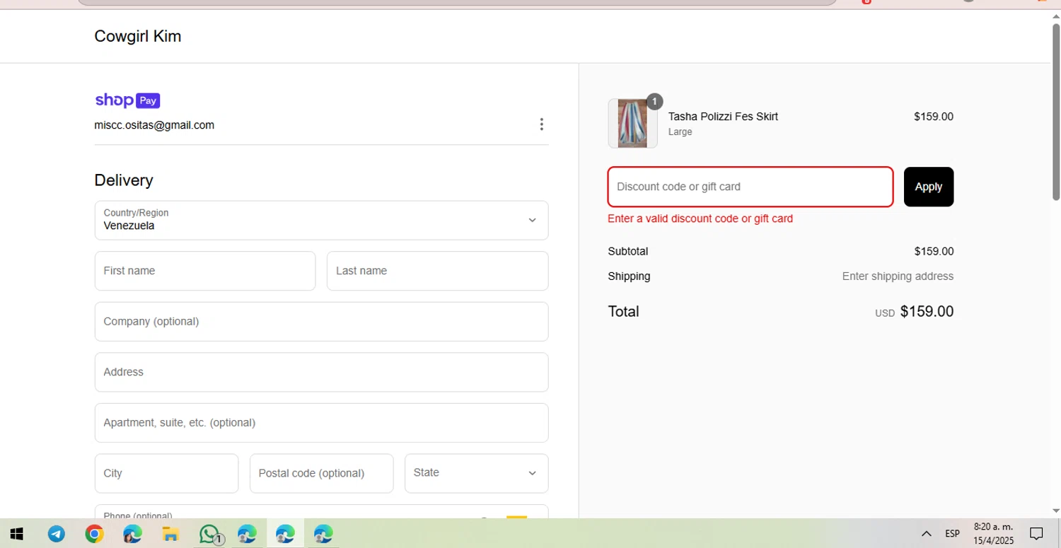 Cowgirl Kim coupon code screenshot showing code LUCK applied at Cowgirl Kim checkout page. Uploaded by SimplyCodes community member BrilliantFalcon6936 on Apr 15, 2025
