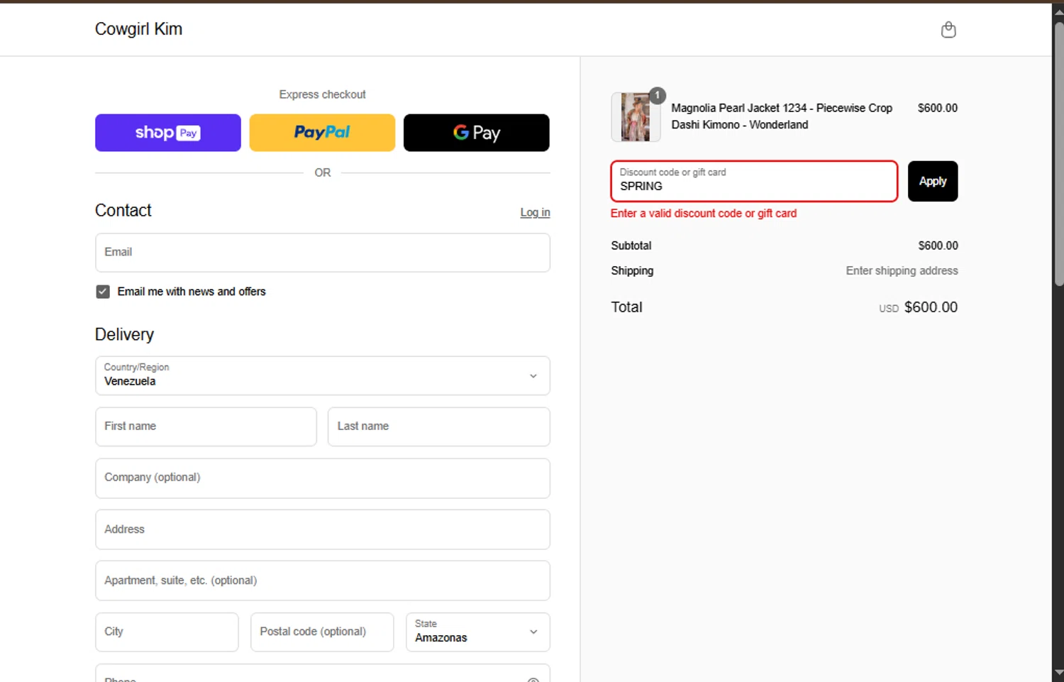 Cowgirl Kim coupon code screenshot showing code SPRING applied at Cowgirl Kim checkout page. Uploaded by SimplyCodes community member SavvyAdmiral5704 on May 4, 2025
