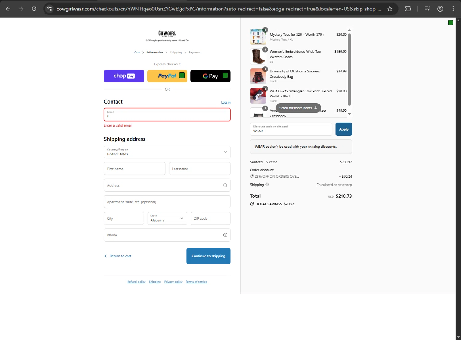 Cowgirl Wear discount code screenshot showing code WEAR applied at Cowgirl Wear checkout page. Uploaded by SimplyCodes community member THEROCKs on Aug 17, 2025