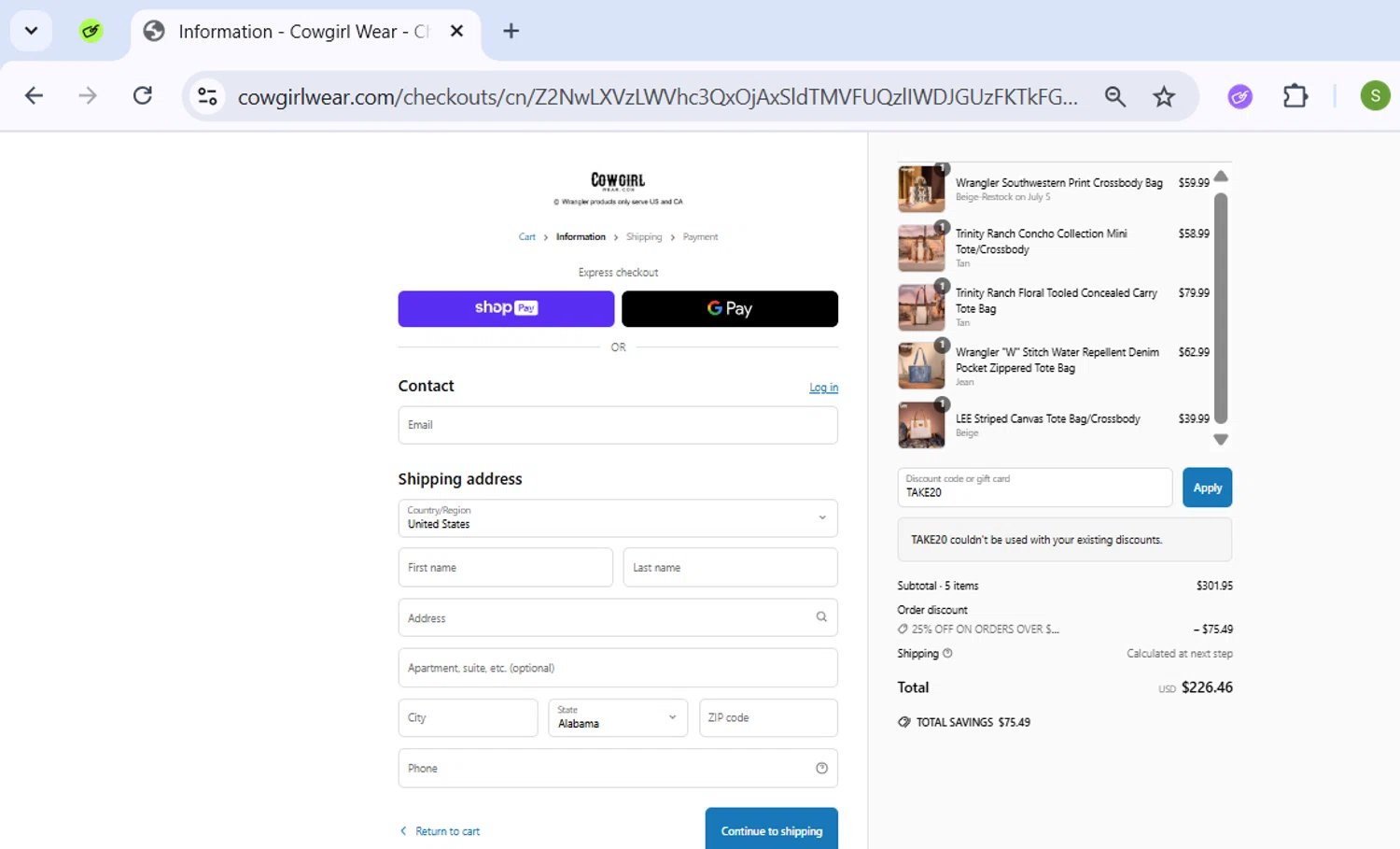 Cowgirl Wear discount code screenshot showing code TAKE20 applied at Cowgirl Wear checkout page. Uploaded by SimplyCodes community member ExtraordinarySeeker9807 on Jun 2, 2025