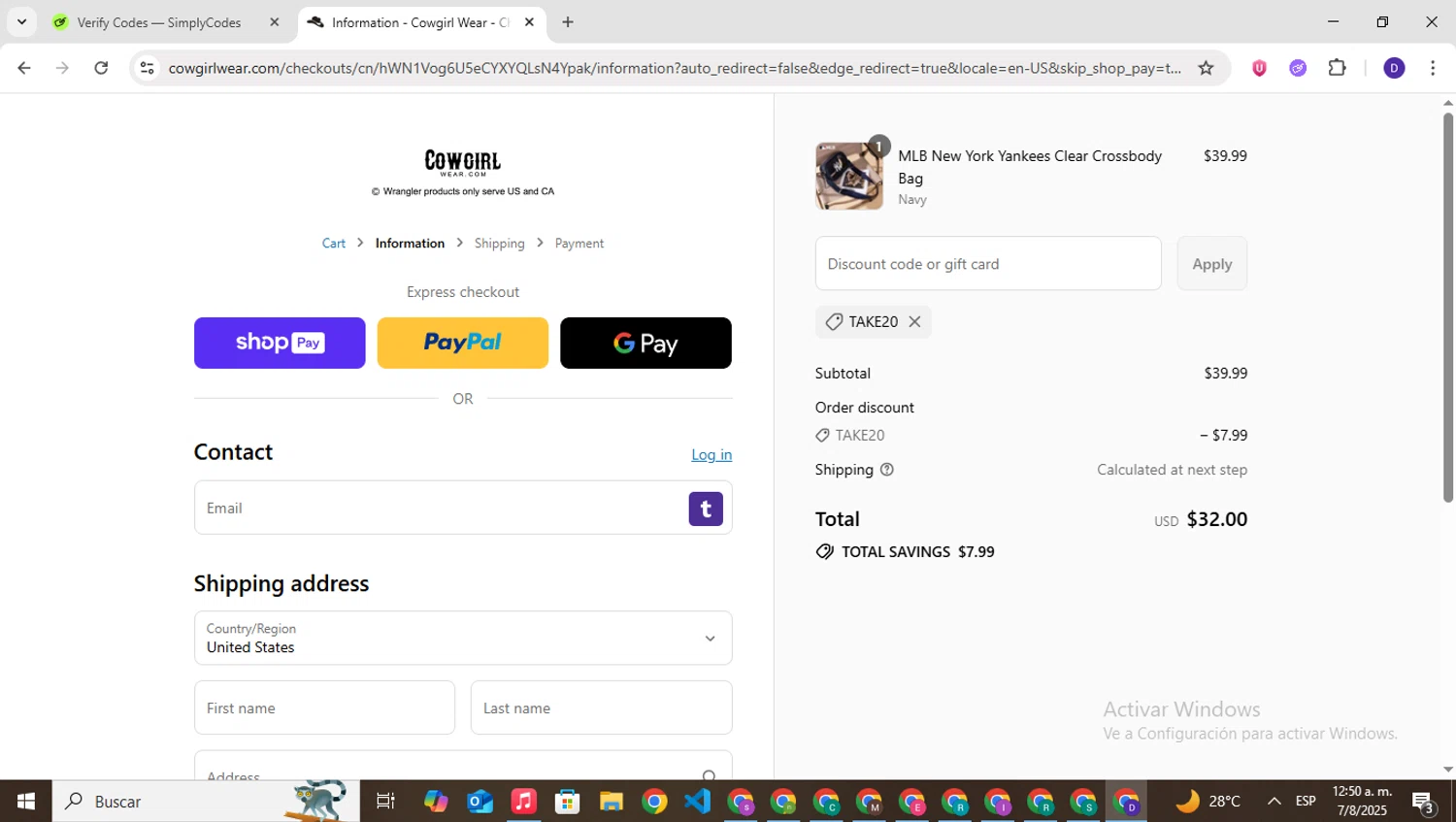 Cowgirl Wear discount code screenshot showing code TAKE20 applied at Cowgirl Wear checkout page. Uploaded by SimplyCodes community member PrimeNavigator3251 on Aug 7, 2025