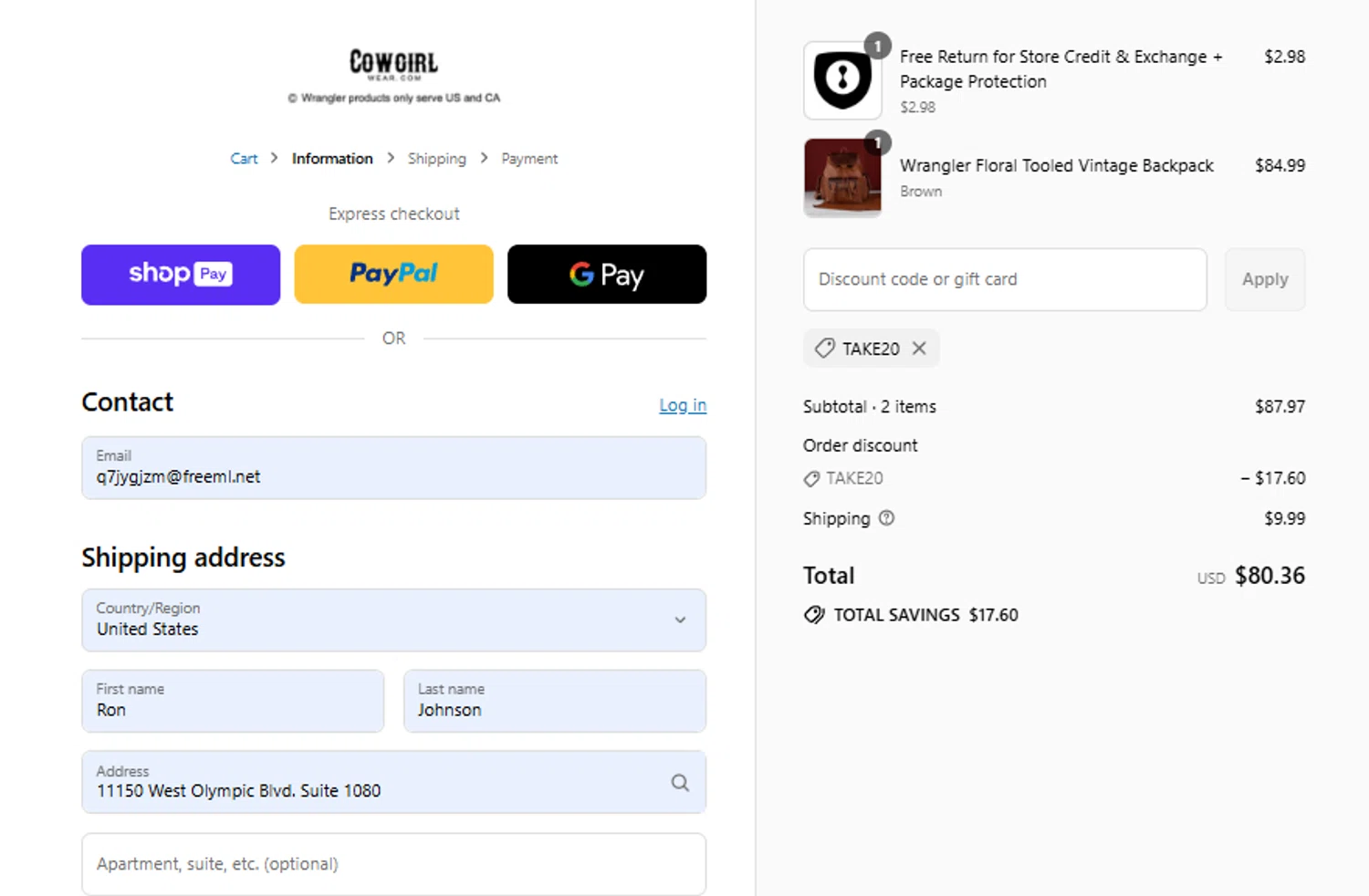 Cowgirl Wear discount code screenshot showing code TAKE20 applied at Cowgirl Wear checkout page. Uploaded by SimplyCodes community member SimplyCVerlie on Jul 16, 2025