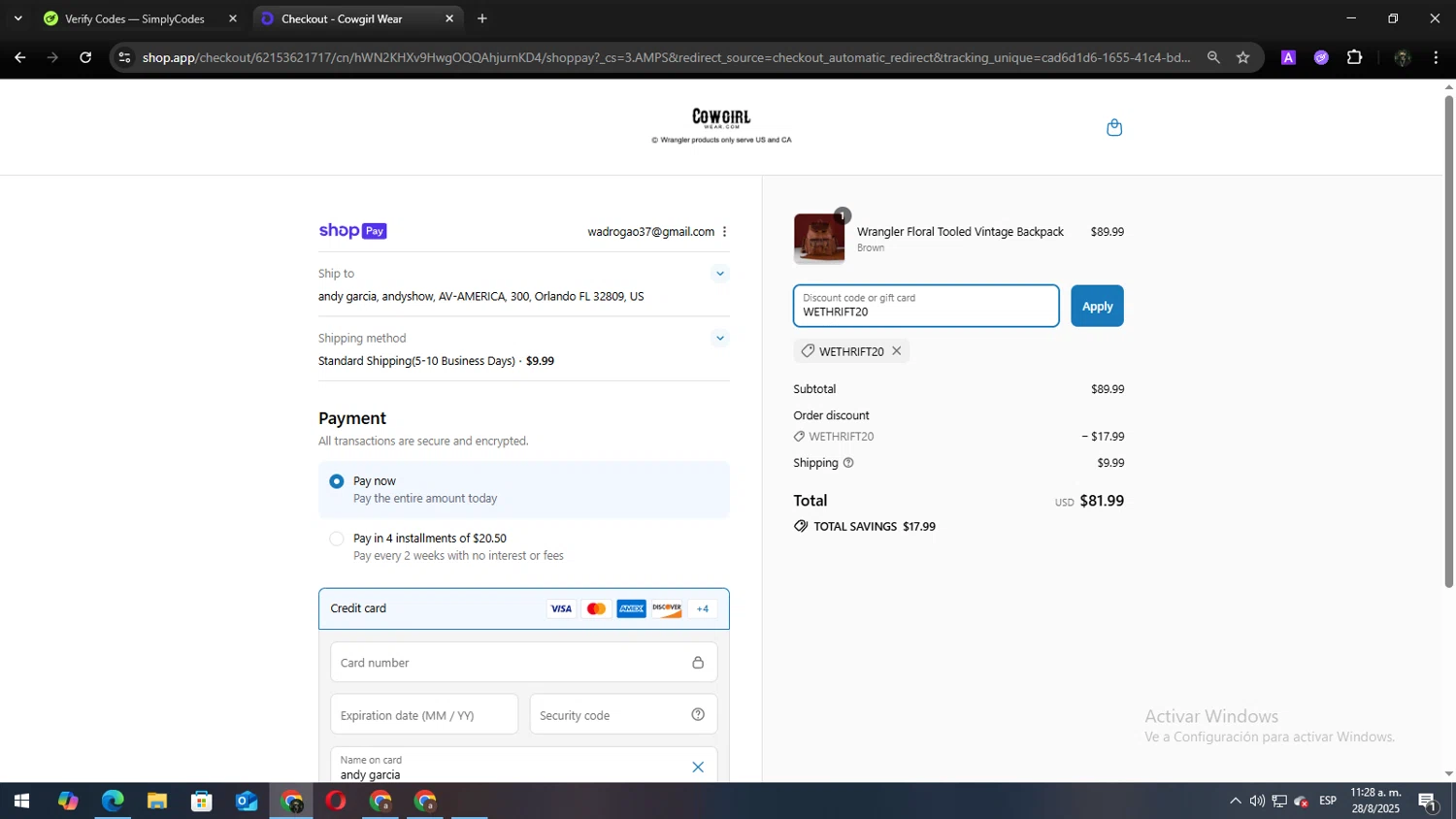 Cowgirl Wear discount code screenshot showing code WETHRIFT20 applied at Cowgirl Wear checkout page. Uploaded by SimplyCodes community member Andy2323 on Aug 28, 2025