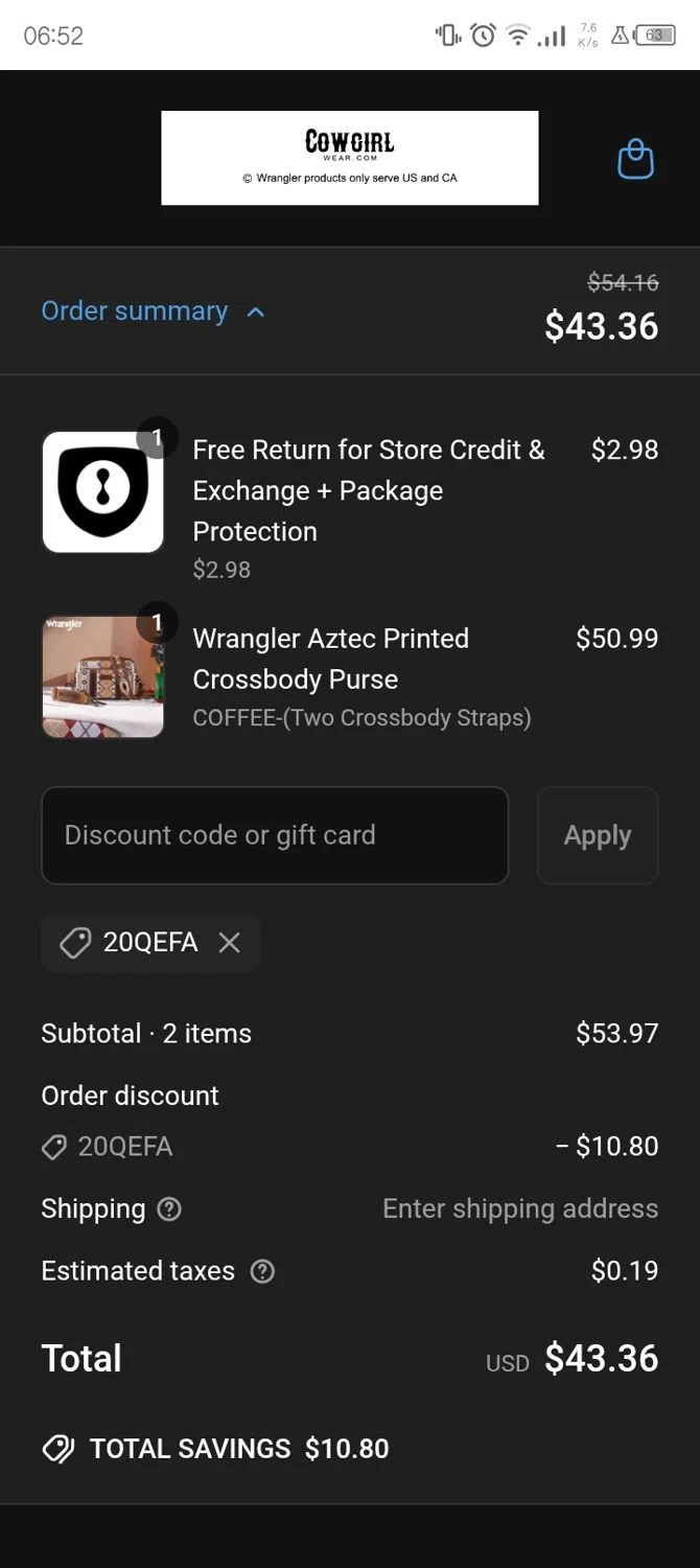 Cowgirl Wear discount code screenshot showing code 20QEFA applied at Cowgirl Wear checkout page. Uploaded by SimplyCodes community member WhenEresMaik on May 9, 2025
