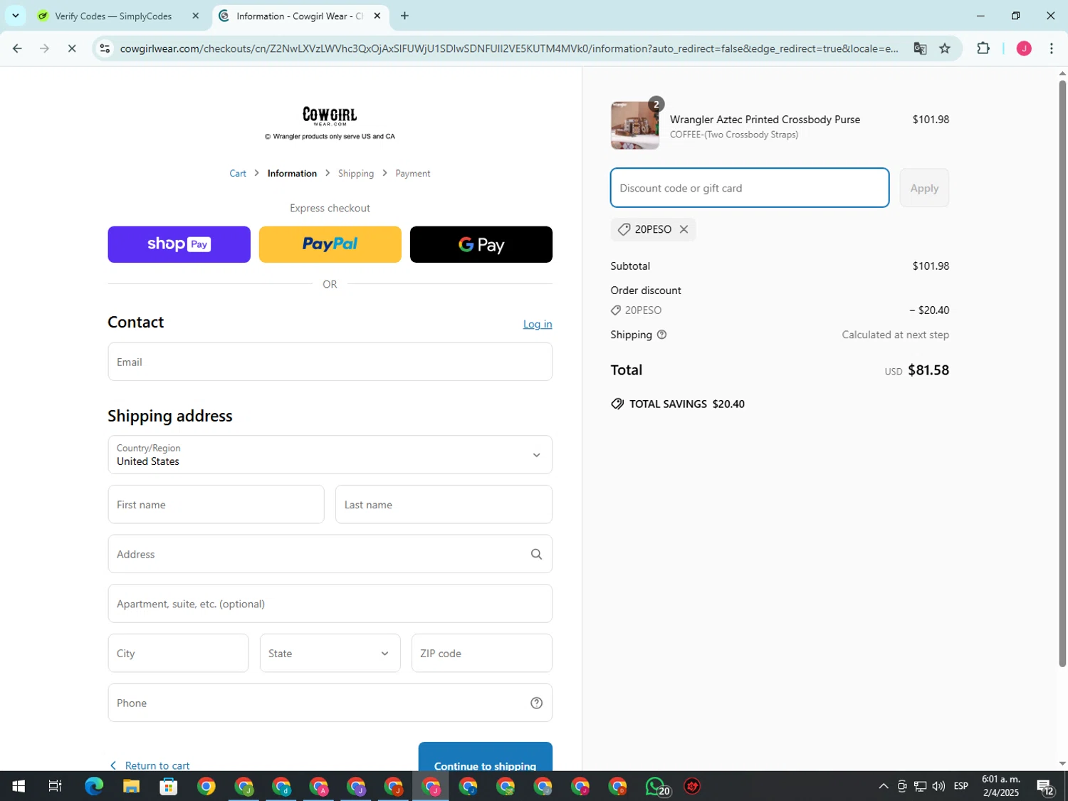 Cowgirl Wear discount code screenshot showing code 20PESO applied at Cowgirl Wear checkout page. Uploaded by SimplyCodes community member CleverShopper2101 on Apr 2, 2025