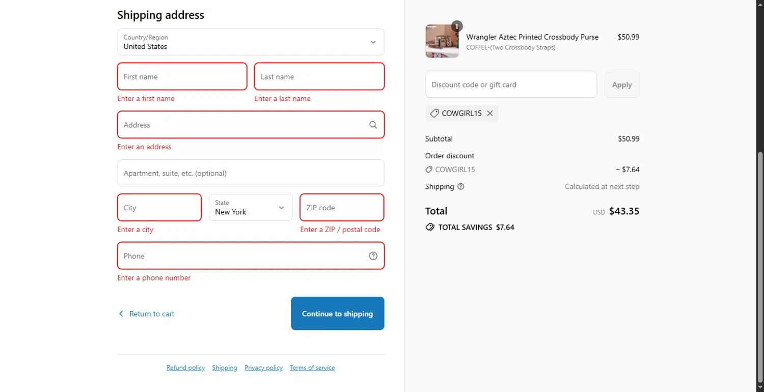 Cowgirl Wear discount code screenshot showing code COWGIRL15 applied at Cowgirl Wear checkout page. Uploaded by SimplyCodes community member ShieldLion4225 on Aug 14, 2025