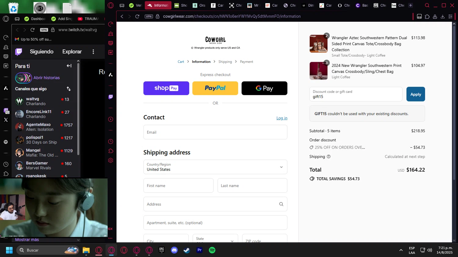 Cowgirl Wear discount code screenshot showing code gift15 applied at Cowgirl Wear checkout page. Uploaded by SimplyCodes community member leonardocamacho2 on Aug 14, 2025