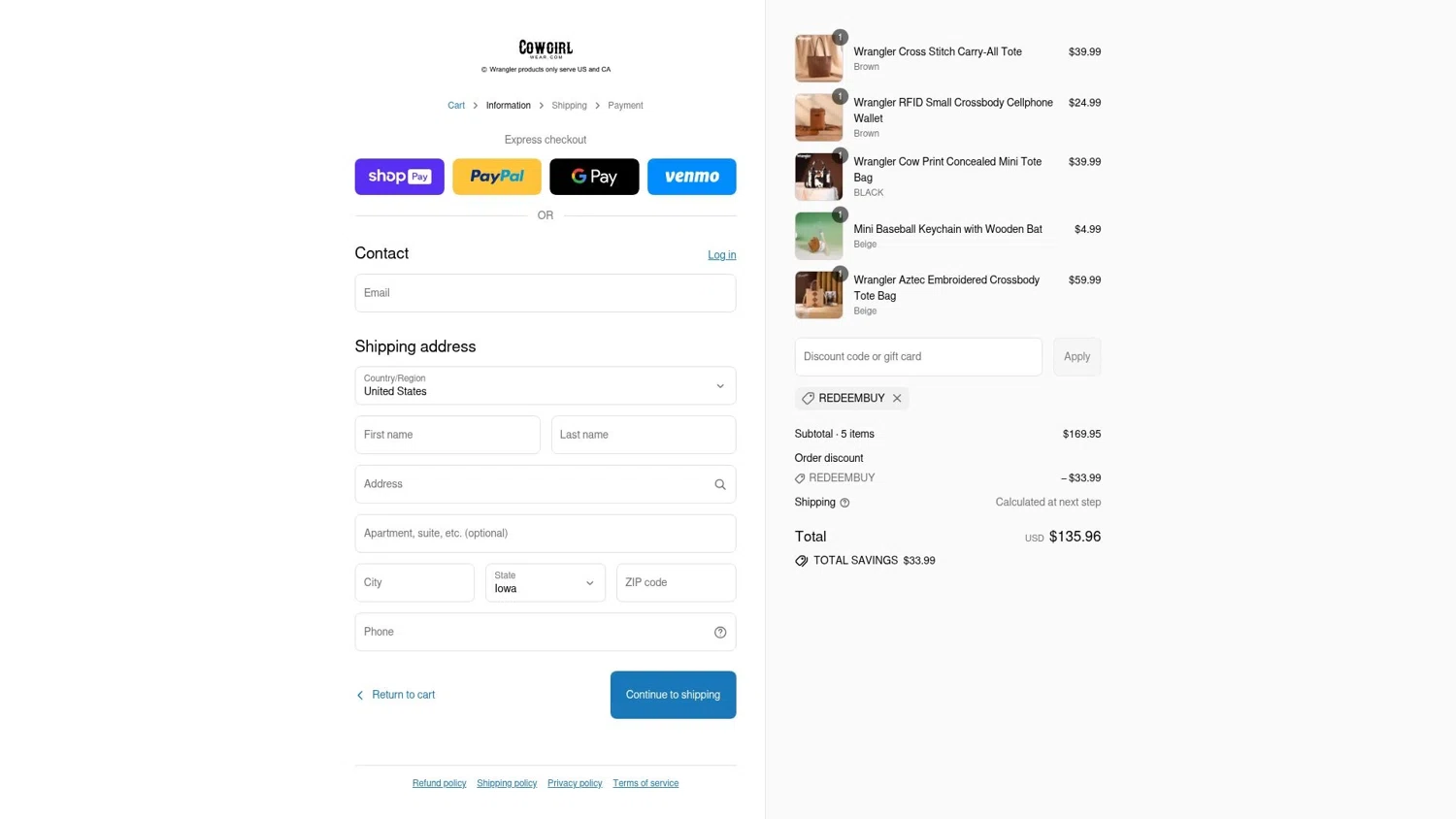 Cowgirl Wear discount code screenshot showing code redeembuy applied at Cowgirl Wear checkout page. Uploaded by SimplyCodes community member DealExpert4491 on Jul 21, 2025