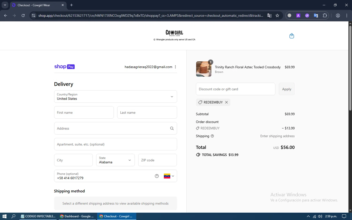 Cowgirl Wear discount code screenshot showing code redeembuy applied at Cowgirl Wear checkout page. Uploaded by SimplyCodes community member TreasureCurator3039 on Jul 27, 2025