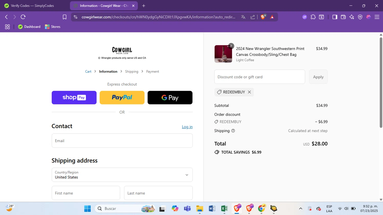 Cowgirl Wear discount code screenshot showing code redeembuy applied at Cowgirl Wear checkout page. Uploaded by SimplyCodes community member antoooooooooooooo on Jul 24, 2025
