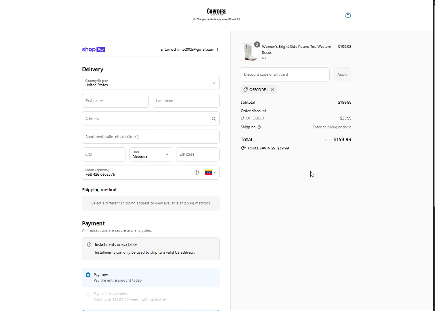 Cowgirl Wear discount code screenshot showing code offcode1 applied at Cowgirl Wear checkout page. Uploaded by SimplyCodes community member Hei201 on Jul 30, 2025